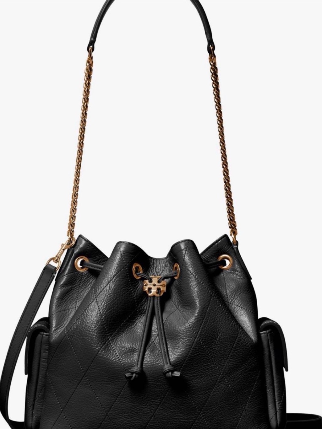 Black Quilted Leather Drawstring Bucket Bag With Chain Strap